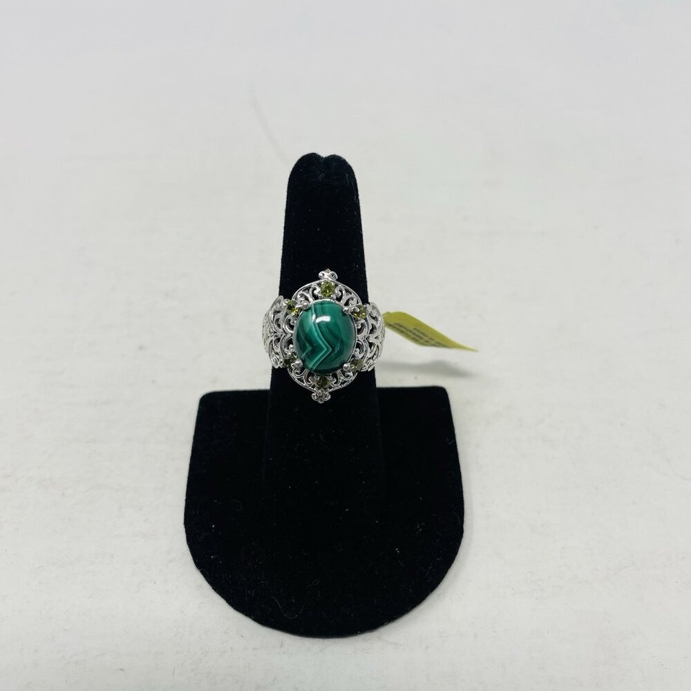 KARIS African Malachite/Simulated Peridot Size 7‎ Platinum Bond Brass Ring 5118